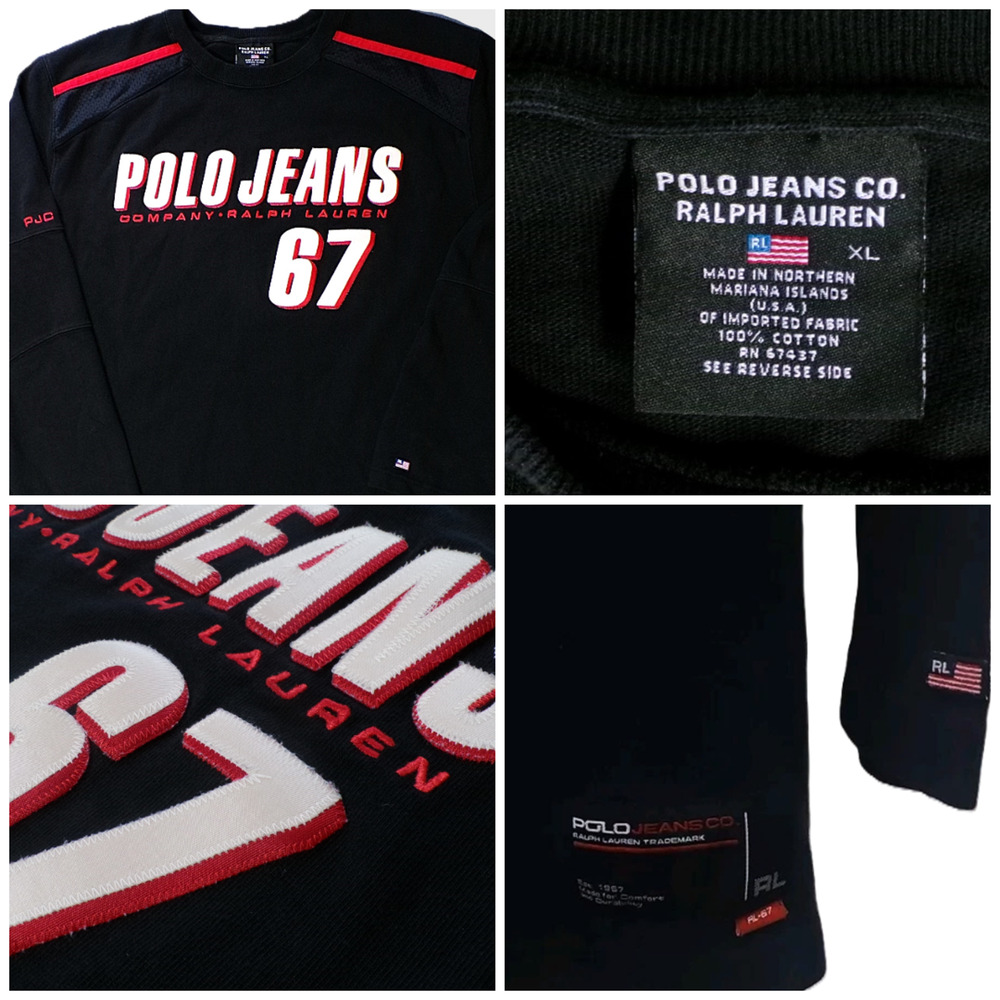 Vtg 90's Polo Ralph Lauren Jeans XL Black Sweatshirt 3D Spellout Shirt RL 67 Y2k
